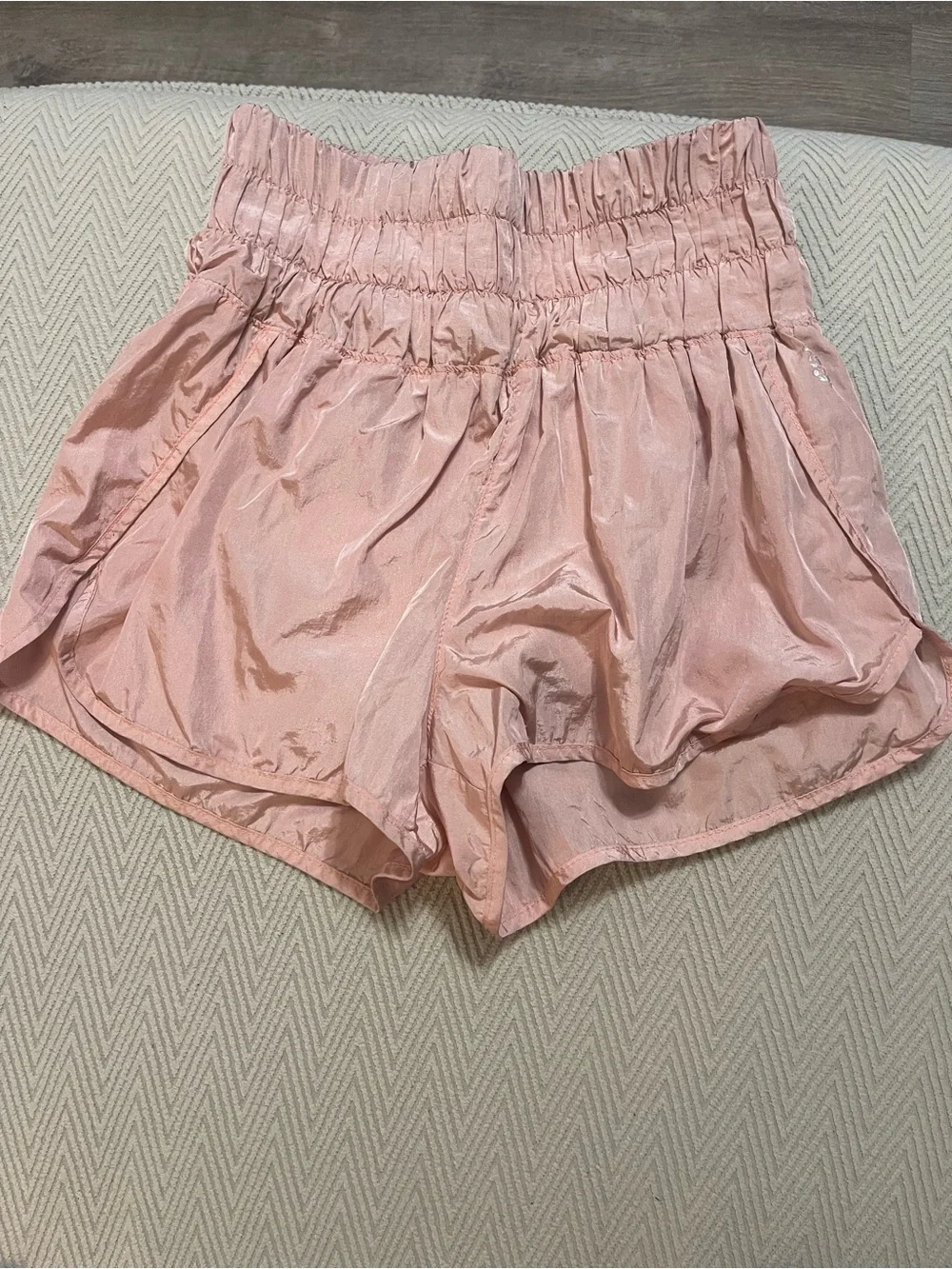 Free People Shimmery Light Pink Smocked-Waist Athletic Shorts medium m